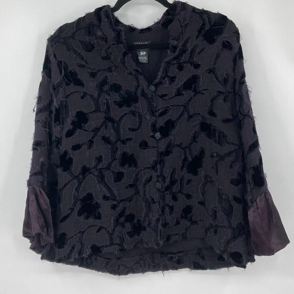 Citron Santa Monica Velvet Burnout Whimsy Goth Deep Purple Silk Blouse Women M
